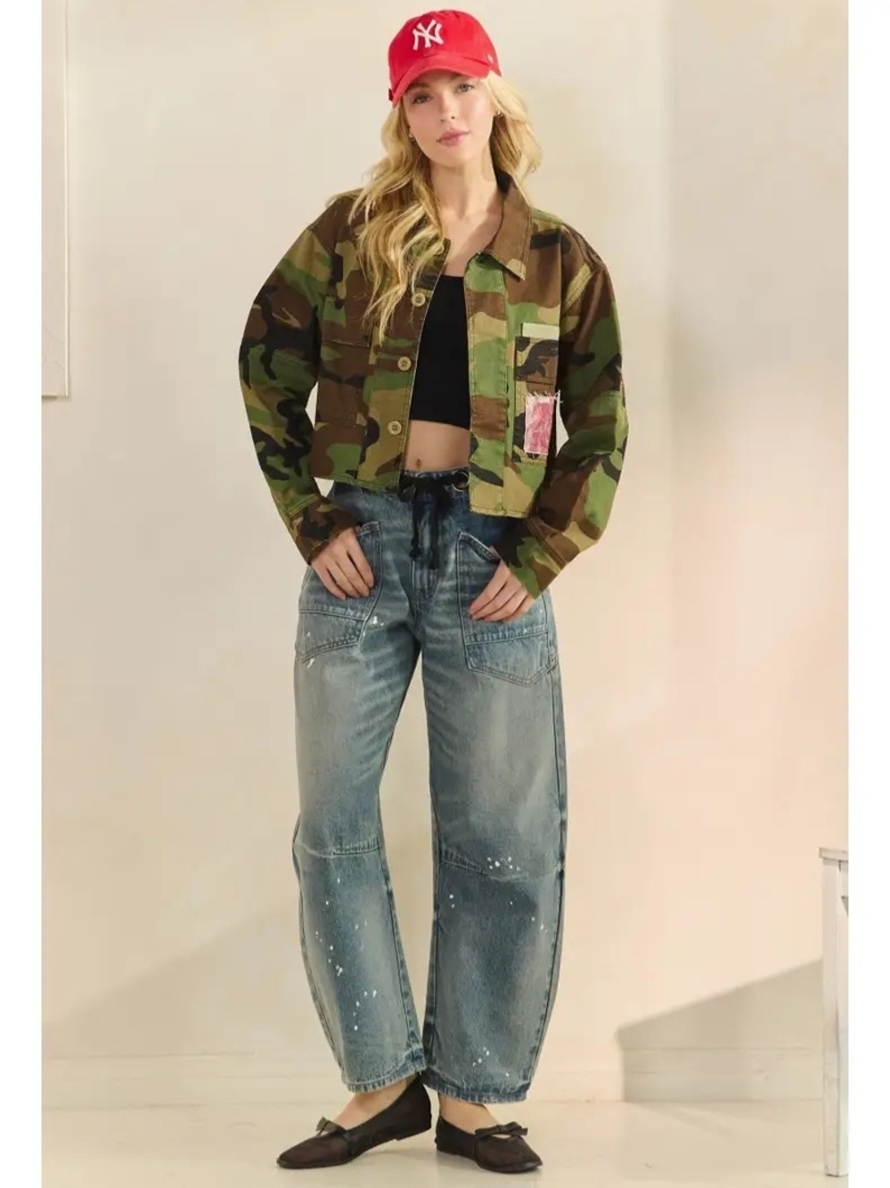 Camo Embellished Cropped Jacket - Green By Veveret - Picture 8 of 8